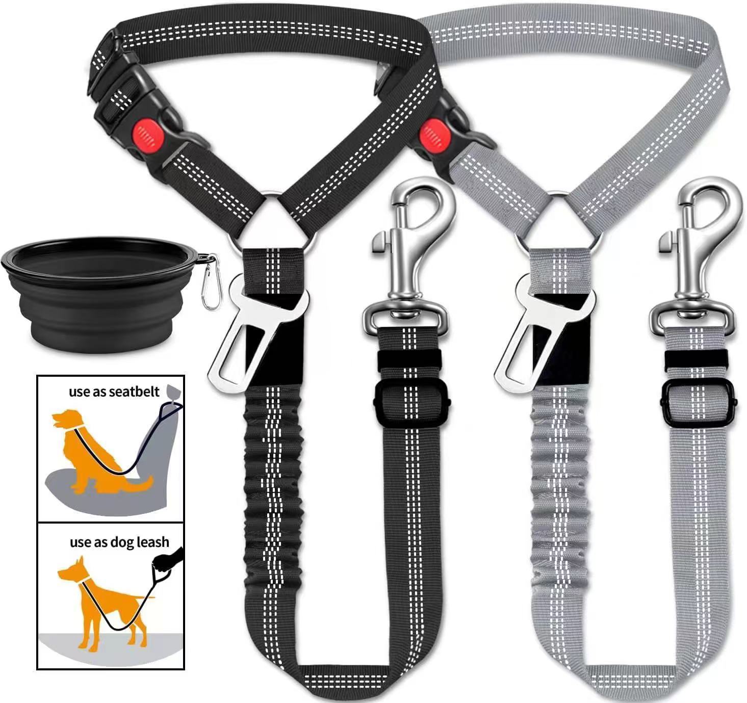 3 Piece Dog Car Seat Belt Set - Retractable Adjustable Pet Seatbelts for Vehicle Headrests - Heavy Duty, Elastic & Durable Car Harness for Dogs