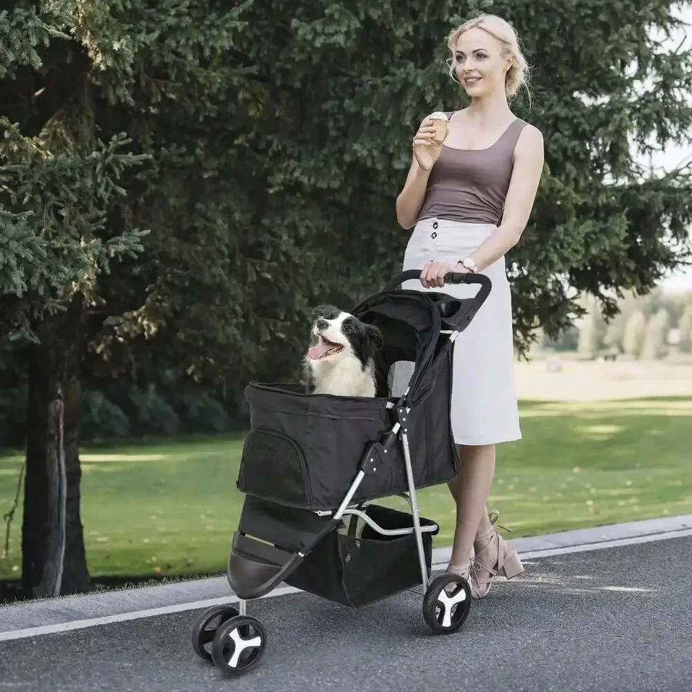 Dog Stroller 3 Wheels Pet Stroller Foldable Dog Cat Carrier Strolling w/Cup Hold