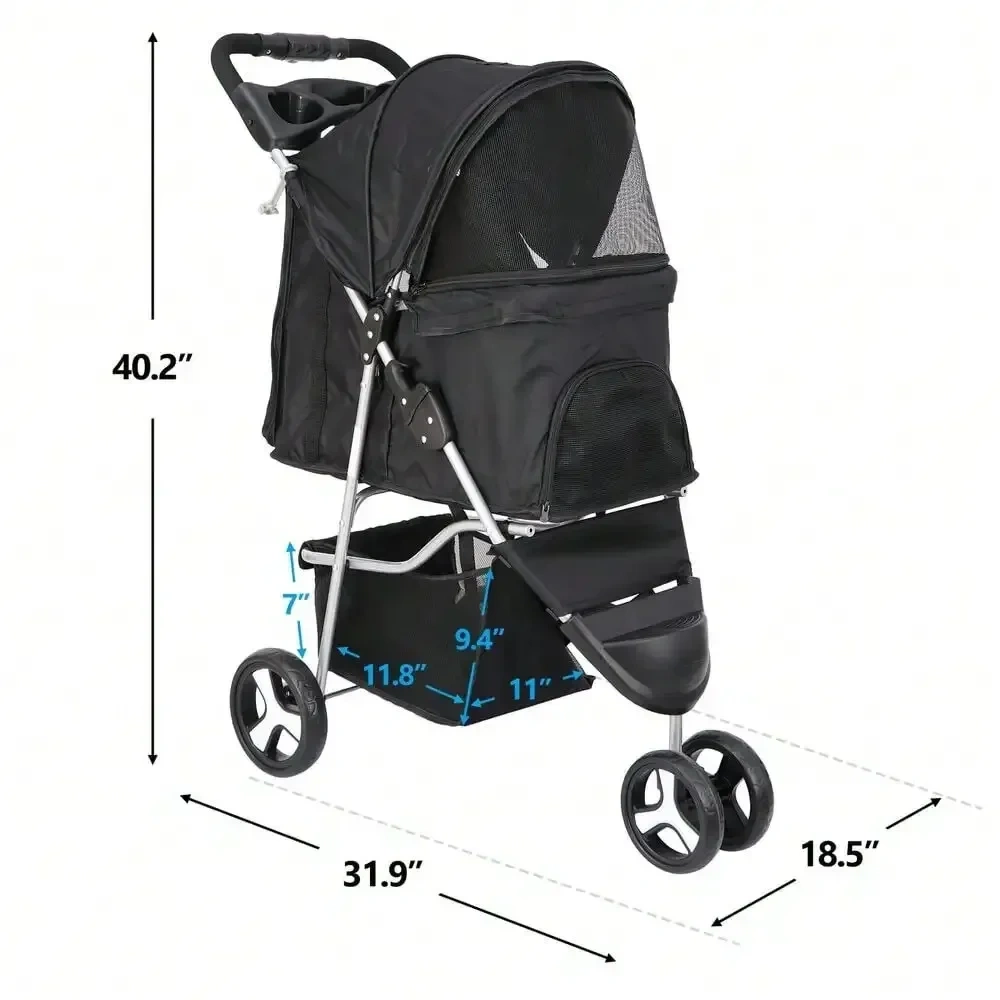 Dog Stroller 3 Wheels Pet Stroller Foldable Dog Cat Carrier Strolling w/Cup Hold
