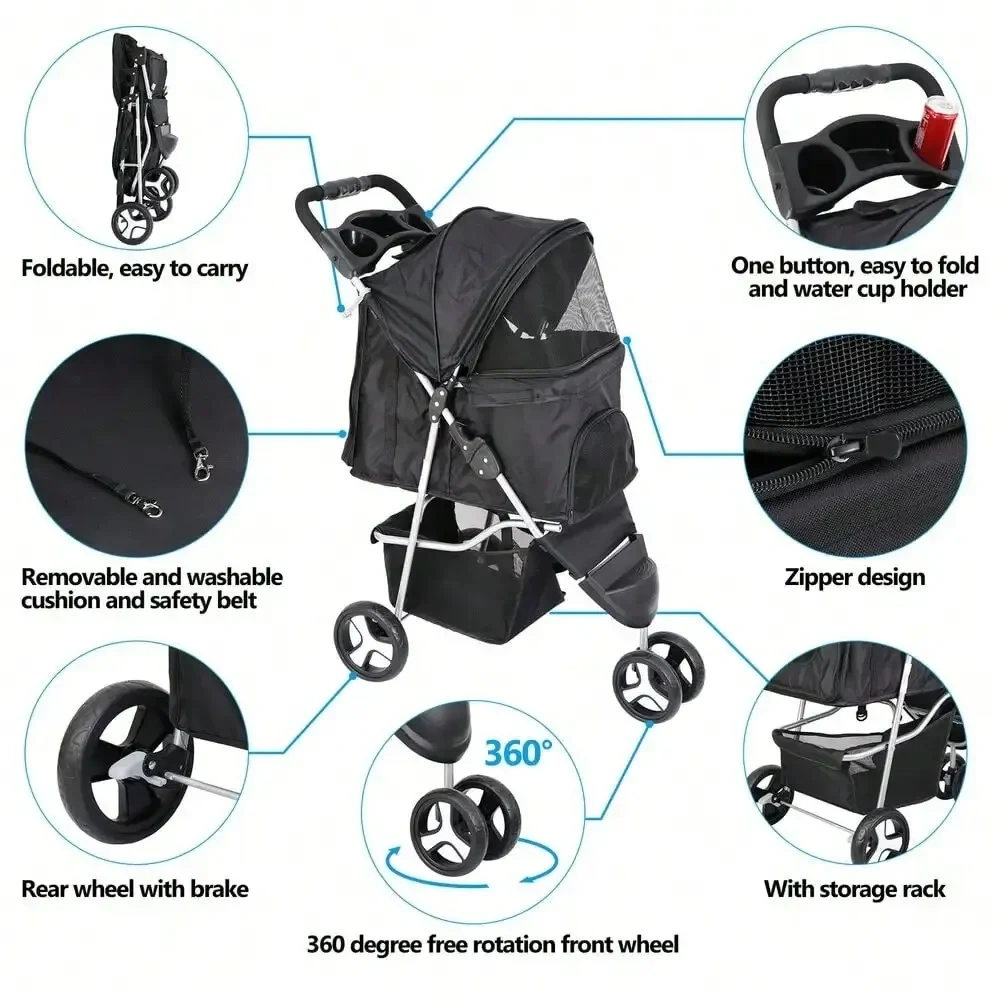 Dog Stroller 3 Wheels Pet Stroller Foldable Dog Cat Carrier Strolling w/Cup Hold