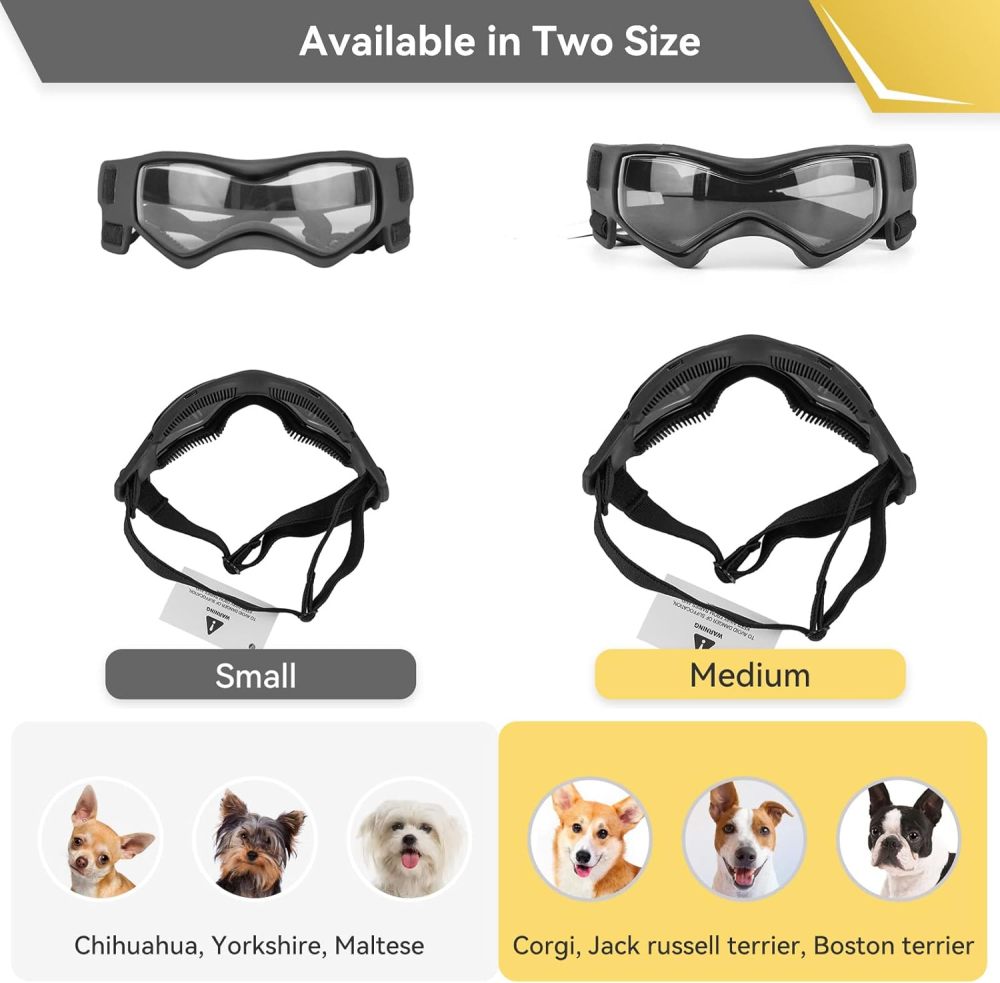 Dog Goggles Dog Sunglasses for Small Breed UV Protection Windproof with Adjustable Head Straps Chin Straps for Ride Car/Hiking Travel/On Beach-Black