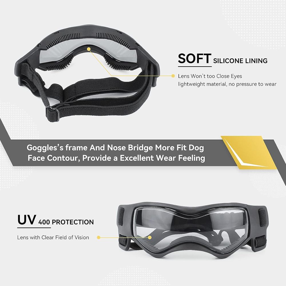 Dog Goggles Dog Sunglasses for Small Breed UV Protection Windproof with Adjustable Head Straps Chin Straps for Ride Car/Hiking Travel/On Beach-Black
