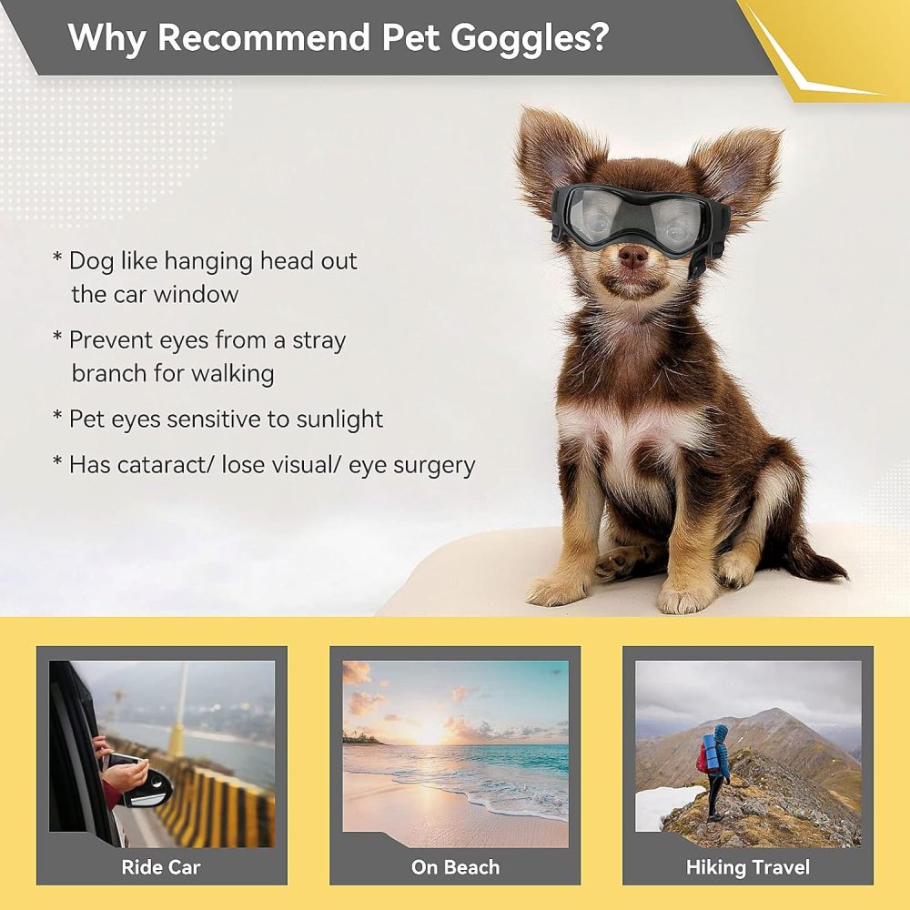 Dog Goggles Dog Sunglasses for Small Breed UV Protection Windproof with Adjustable Head Straps Chin Straps for Ride Car/Hiking Travel/On Beach-Black