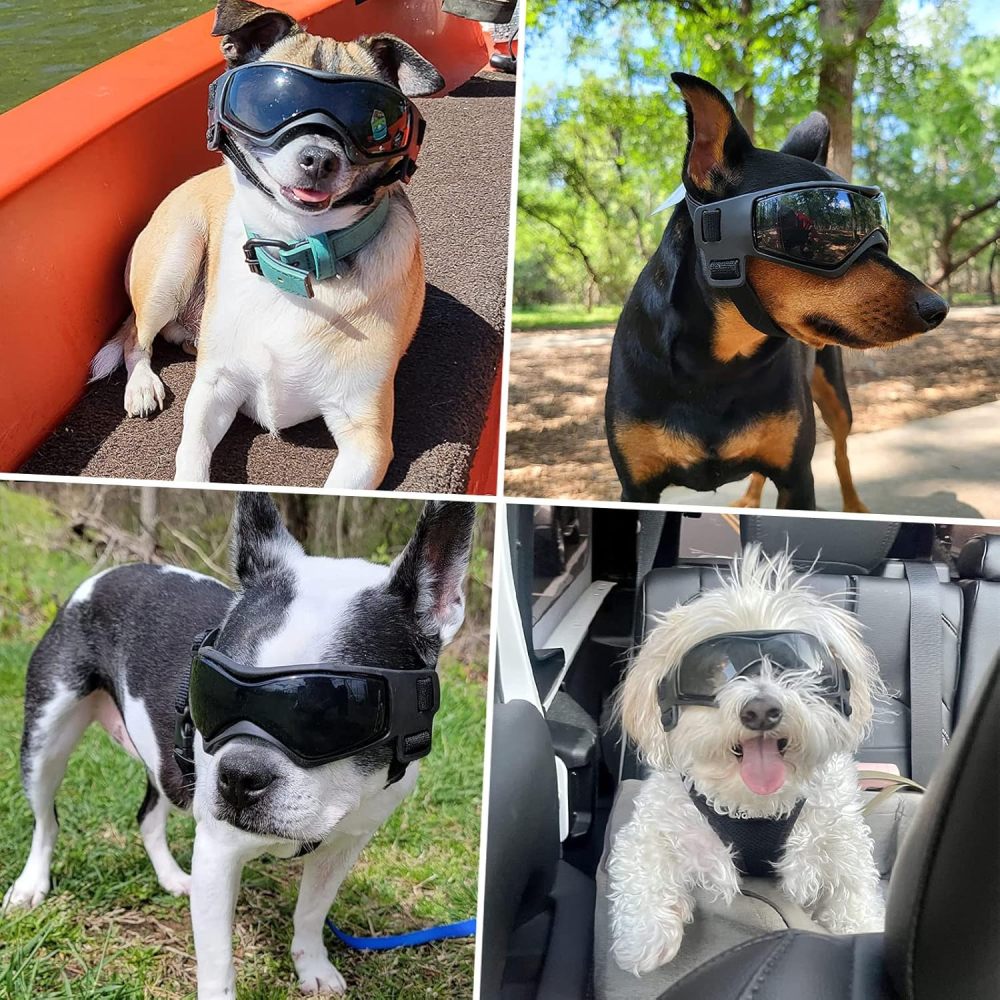 Dog Goggles Dog Sunglasses for Small Breed UV Protection Windproof with Adjustable Head Straps Chin Straps for Ride Car/Hiking Travel/On Beach-Black