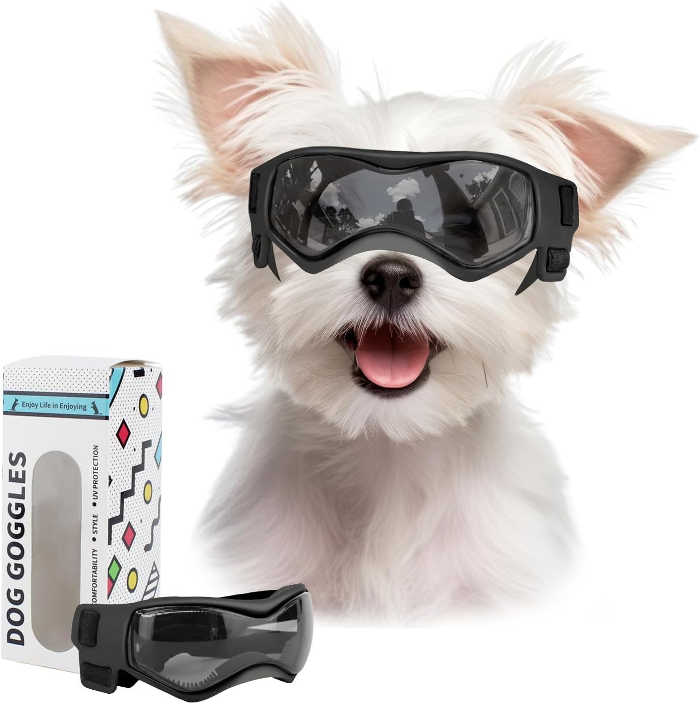 Dog Goggles Dog Sunglasses for Small Breed UV Protection Windproof with Adjustable Head Straps Chin Straps for Ride Car/Hiking Travel/On Beach-Black