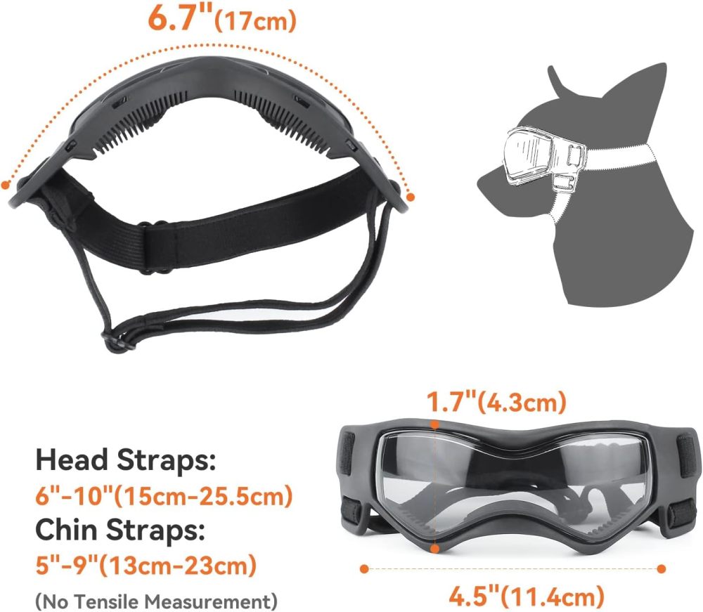 Dog Goggles Dog Sunglasses for Small Breed UV Protection Windproof with Adjustable Head Straps Chin Straps for Ride Car/Hiking Travel/On Beach-Black