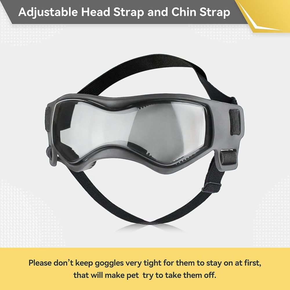 Dog Goggles Dog Sunglasses for Small Breed UV Protection Windproof with Adjustable Head Straps Chin Straps for Ride Car/Hiking Travel/On Beach-Black