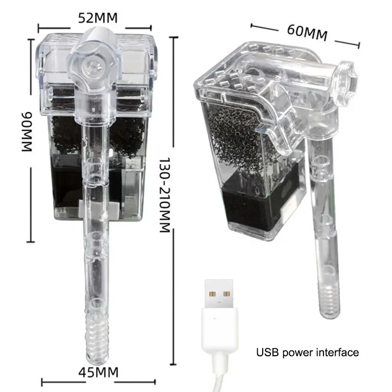 Aquarium Hang On Filter Mini Filter Fish Tank USB power interface 2.5W Flow 250H/L Suitable for fish tanks below 30cm
