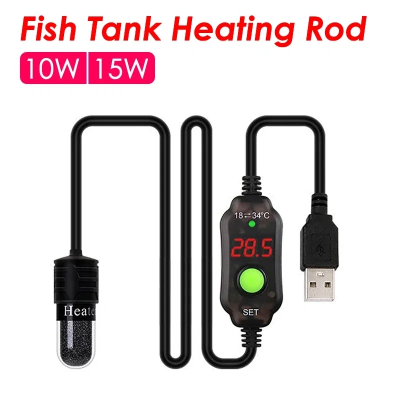 10/15W Digital LED Electricheating Rods Mini USB Heater for Small Aquarium Fish Tank Rapid Temperature Rise Tank Heating Rod
