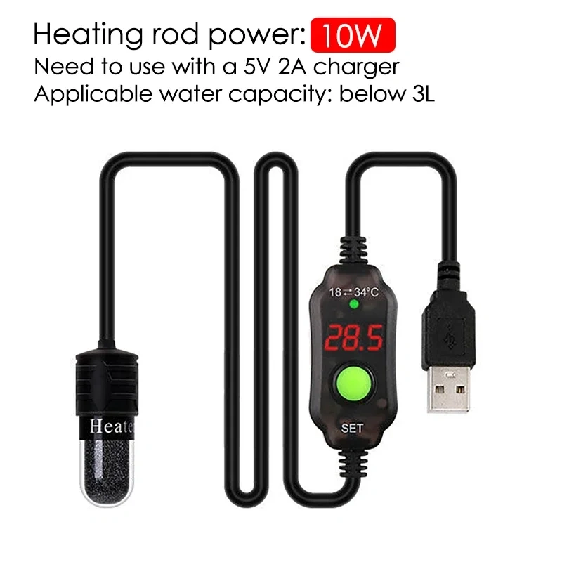 10/15W Digital LED Electricheating Rods Mini USB Heater for Small Aquarium Fish Tank Rapid Temperature Rise Tank Heating Rod