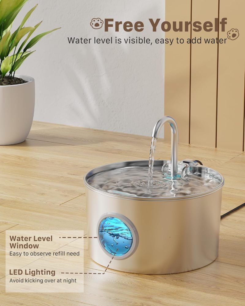 Pet Water Fountain Stainless Steel: 108oz/3.2L Cat Water Fountains for Cats Indoor - Metal Cat Fountain Bowl - Faucet Kitty Water Fountains with Led Light - Cat Pet Water Fountain for Drinking