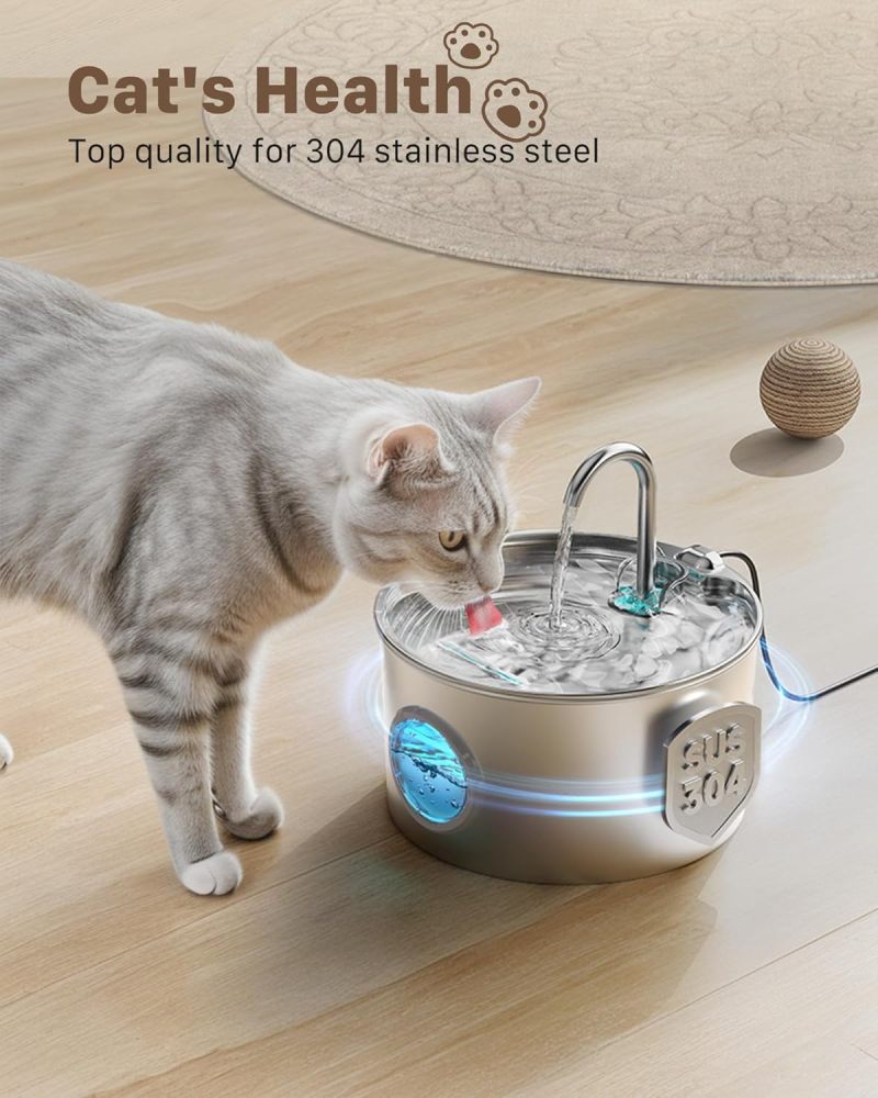Pet Water Fountain Stainless Steel: 108oz/3.2L Cat Water Fountains for Cats Indoor - Metal Cat Fountain Bowl - Faucet Kitty Water Fountains with Led Light - Cat Pet Water Fountain for Drinking
