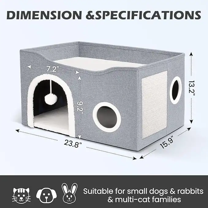 Cat House for Indoor Cat Bed Cave with Fluffy Ball Scratch Pad Foldable Cat Hideaway Covered for Multi Small Pet Large Kitty