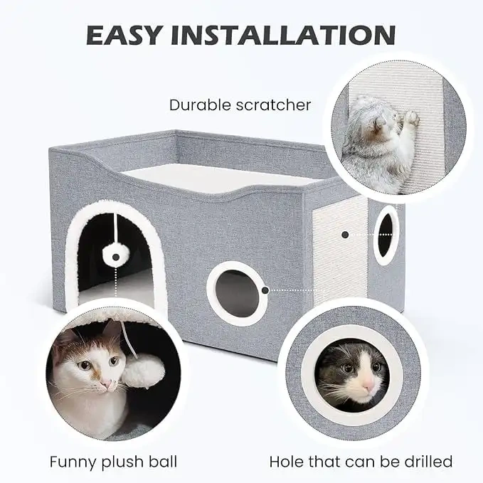 Cat House for Indoor Cat Bed Cave with Fluffy Ball Scratch Pad Foldable Cat Hideaway Covered for Multi Small Pet Large Kitty