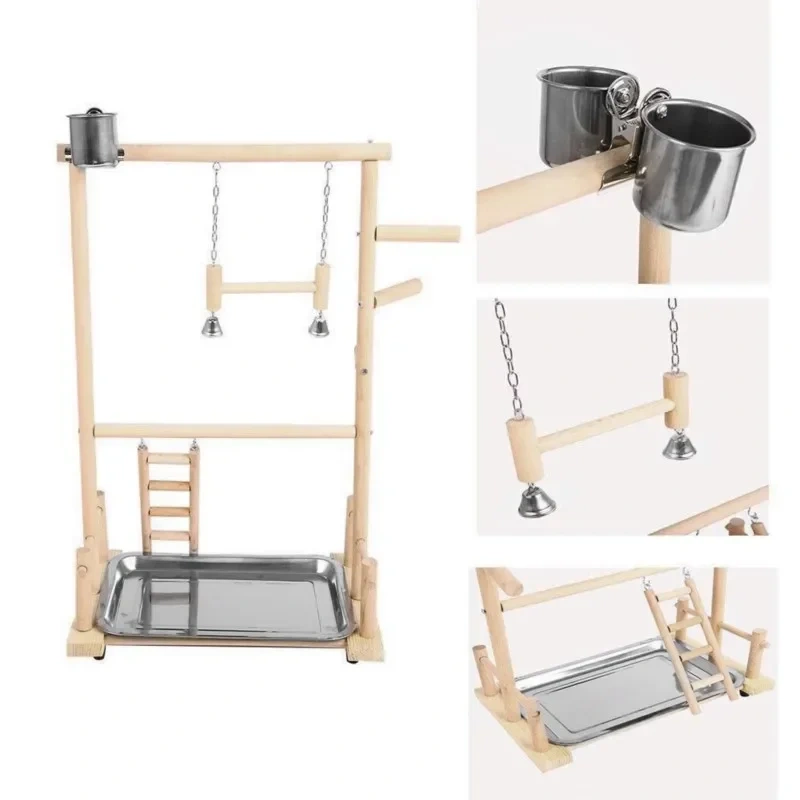 Parrot Playstand Bird Plays Stand Cockatiel Playground Wooden Perch Gym Playground Ladder with Metal Feeder Plate Toy