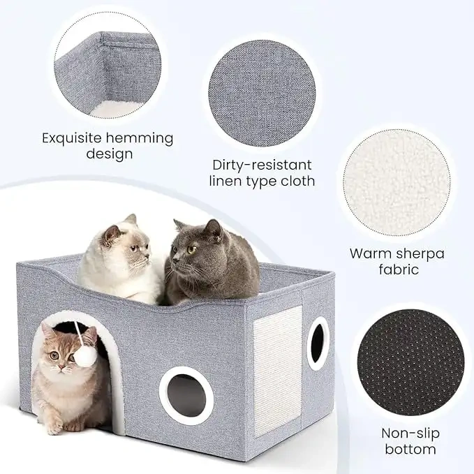 Cat House for Indoor Cat Bed Cave with Fluffy Ball Scratch Pad Foldable Cat Hideaway Covered for Multi Small Pet Large Kitty