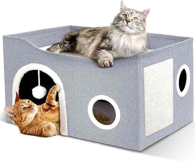 Cat House for Indoor Cat Bed Cave with Fluffy Ball Scratch Pad Foldable Cat Hideaway Covered for Multi Small Pet Large Kitty