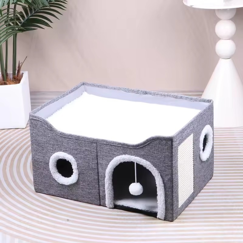 Cat House for Indoor Cat Bed Cave with Fluffy Ball Scratch Pad Foldable Cat Hideaway Covered for Multi Small Pet Large Kitty