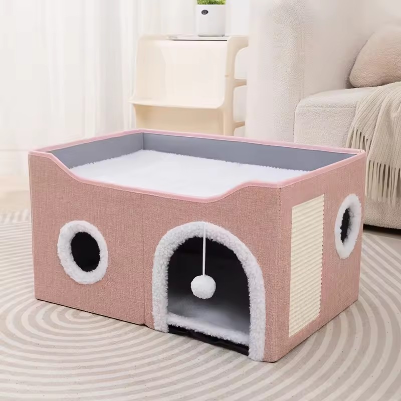 Cat House for Indoor Cat Bed Cave with Fluffy Ball Scratch Pad Foldable Cat Hideaway Covered for Multi Small Pet Large Kitty