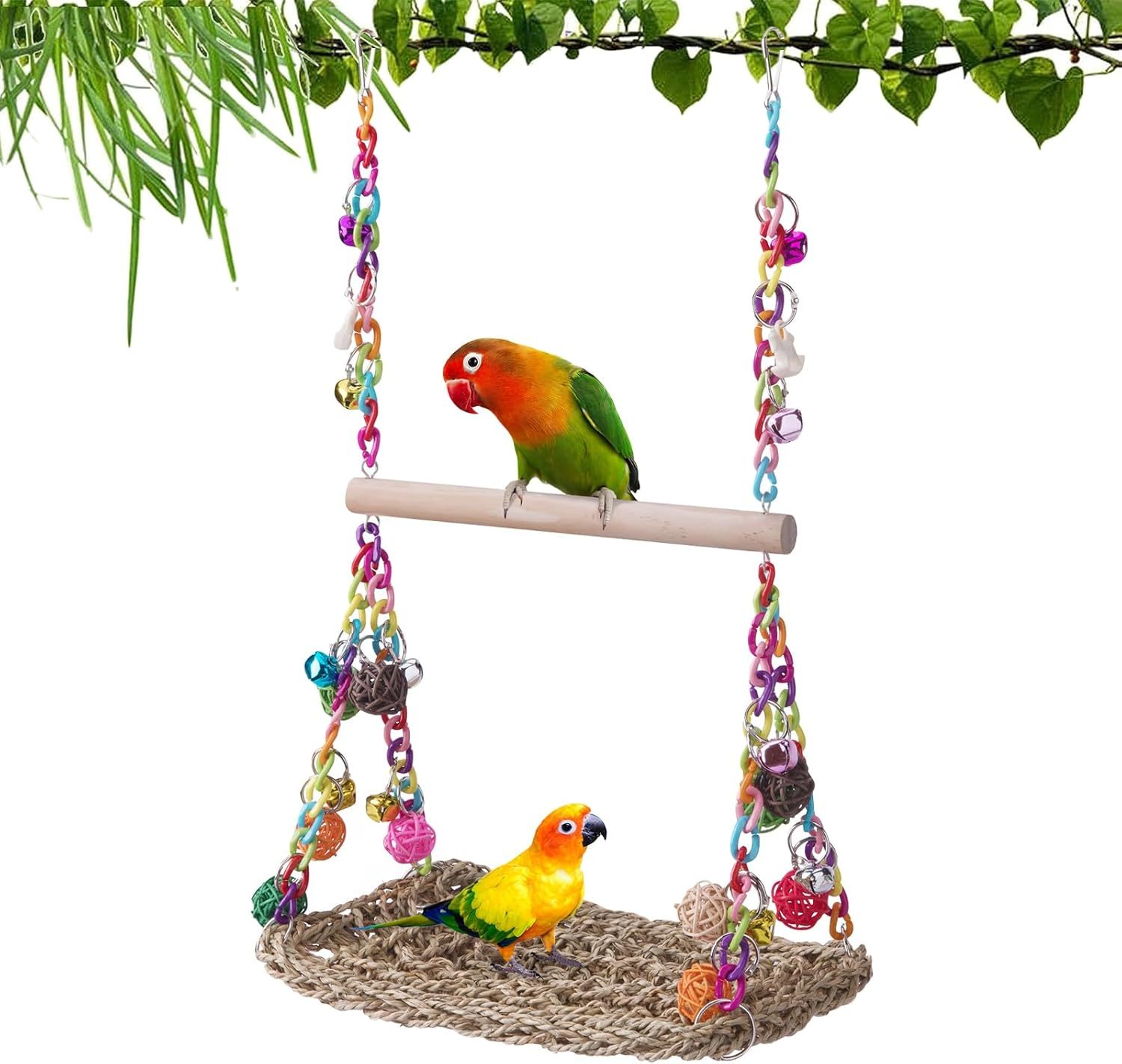 Bird Swing Toys with Wood Perch, Seagrass Woven Parrot Platform Bird Climbing Hanging Hammock Bird Perch Stand Chewing Toy for Parakeets,Budgie, Conure, Cockatiel,Lovebird