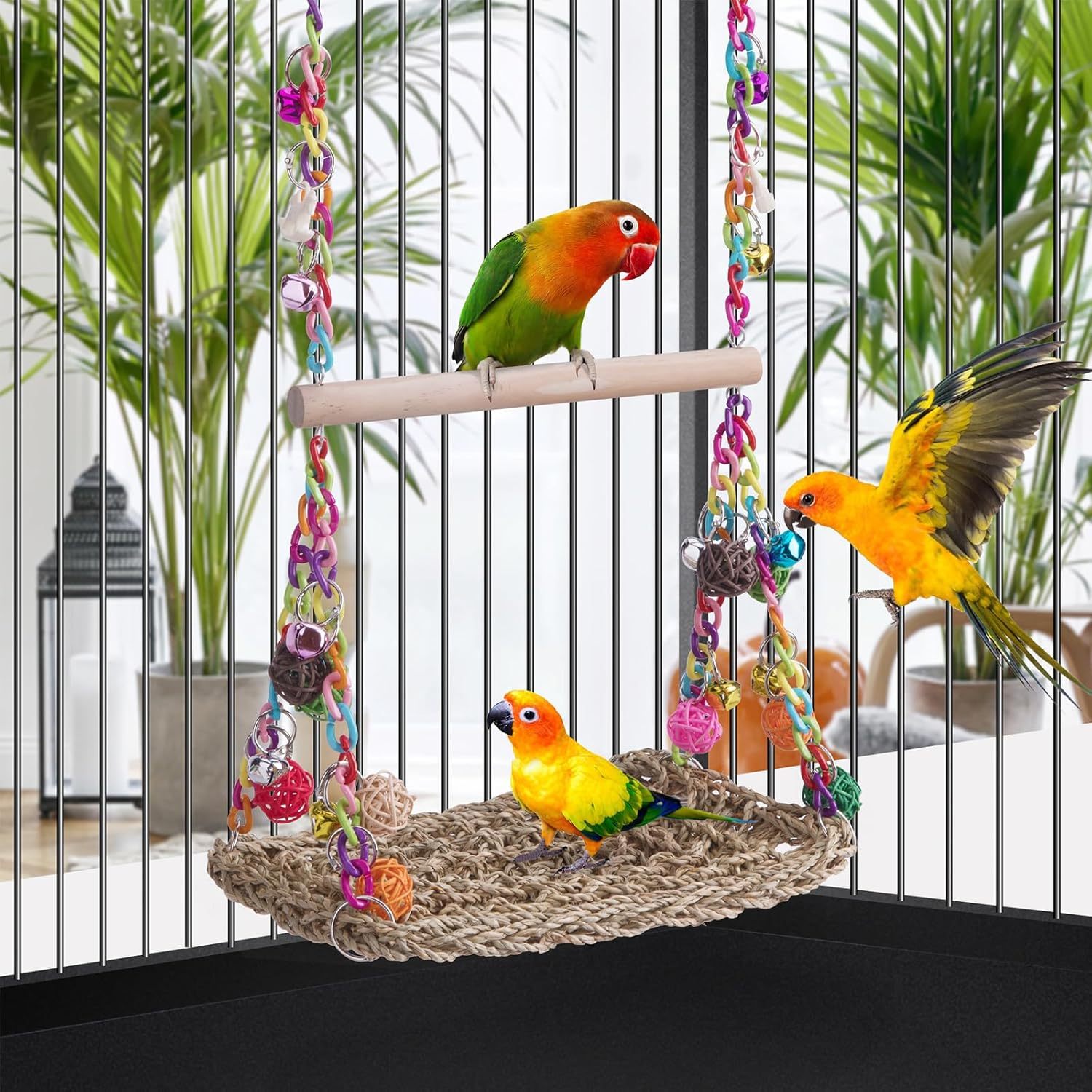 Bird Swing Toys with Wood Perch, Seagrass Woven Parrot Platform Bird Climbing Hanging Hammock Bird Perch Stand Chewing Toy for Parakeets,Budgie, Conure, Cockatiel,Lovebird