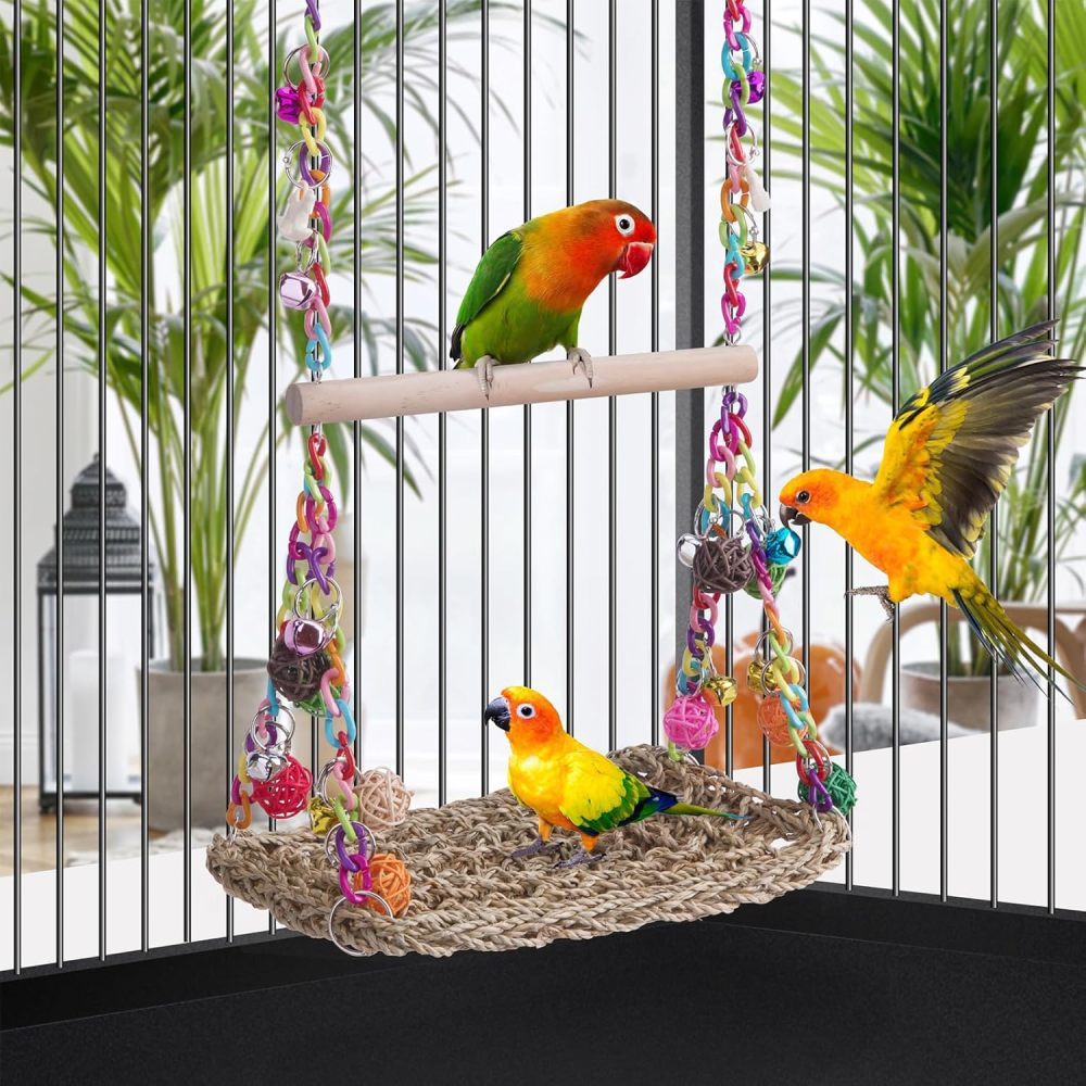 Bird Swing Toys with Wood Perch, Seagrass Woven Parrot Platform Bird Climbing Hanging Hammock Bird Perch Stand Chewing Toy for Parakeets,Budgie, Conure, Cockatiel,Lovebird