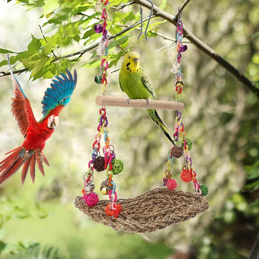 Bird Swing Toys with Wood Perch, Seagrass Woven Parrot Platform Bird Climbing Hanging Hammock Bird Perch Stand Chewing Toy for Parakeets,Budgie, Conure, Cockatiel,Lovebird
