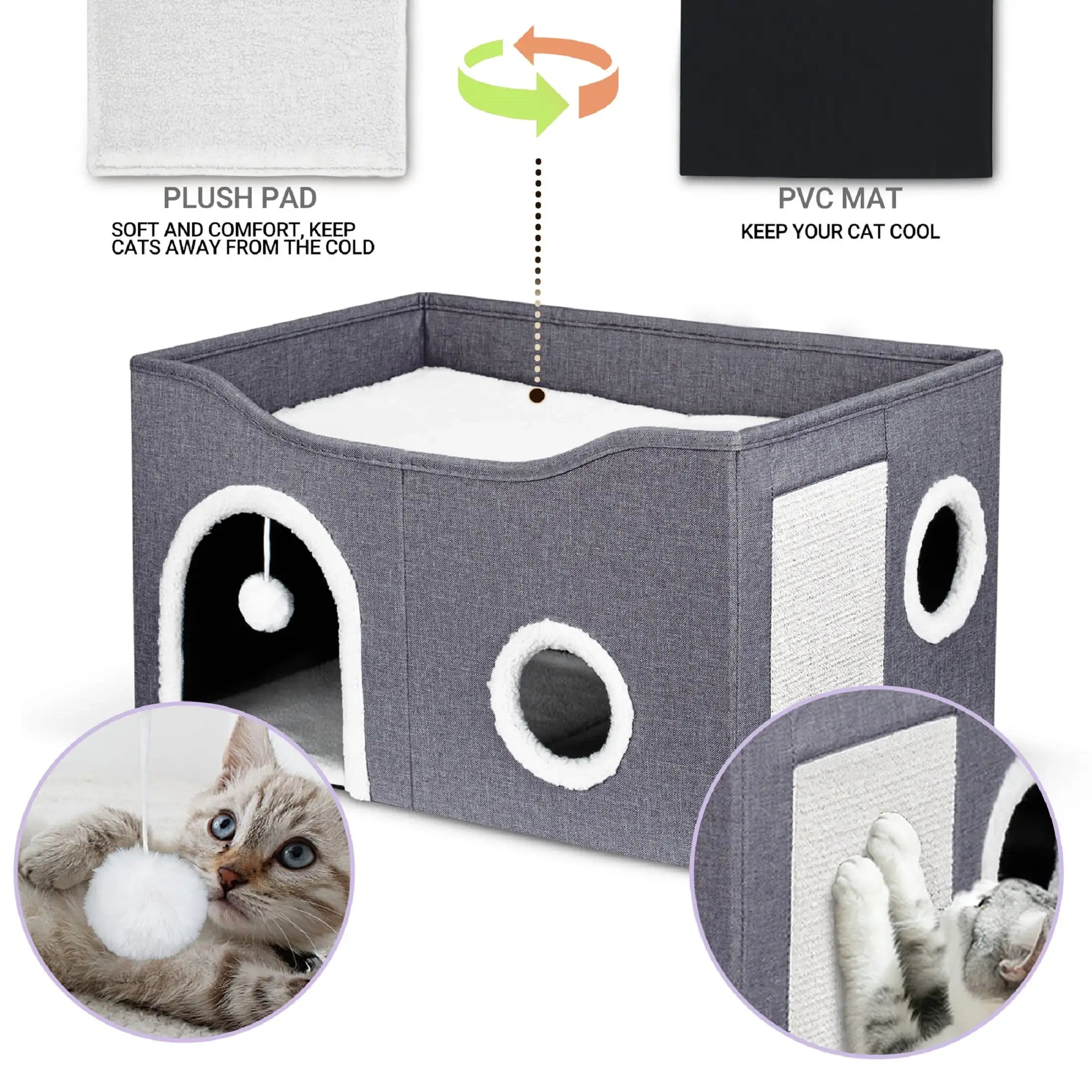 Cat House for Indoor Cat Bed Cave with Fluffy Ball Scratch Pad Foldable Cat Hideaway Covered for Multi Small Pet Large Kitty