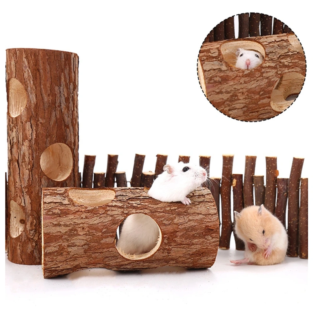 Hamster Rabbit Cat Solid Wood Pipe Tree Hole Tunnel Exercise Tube Chewing Toy Small Pet Supplies Length 15cm/20cm 6 Holes 1Pc