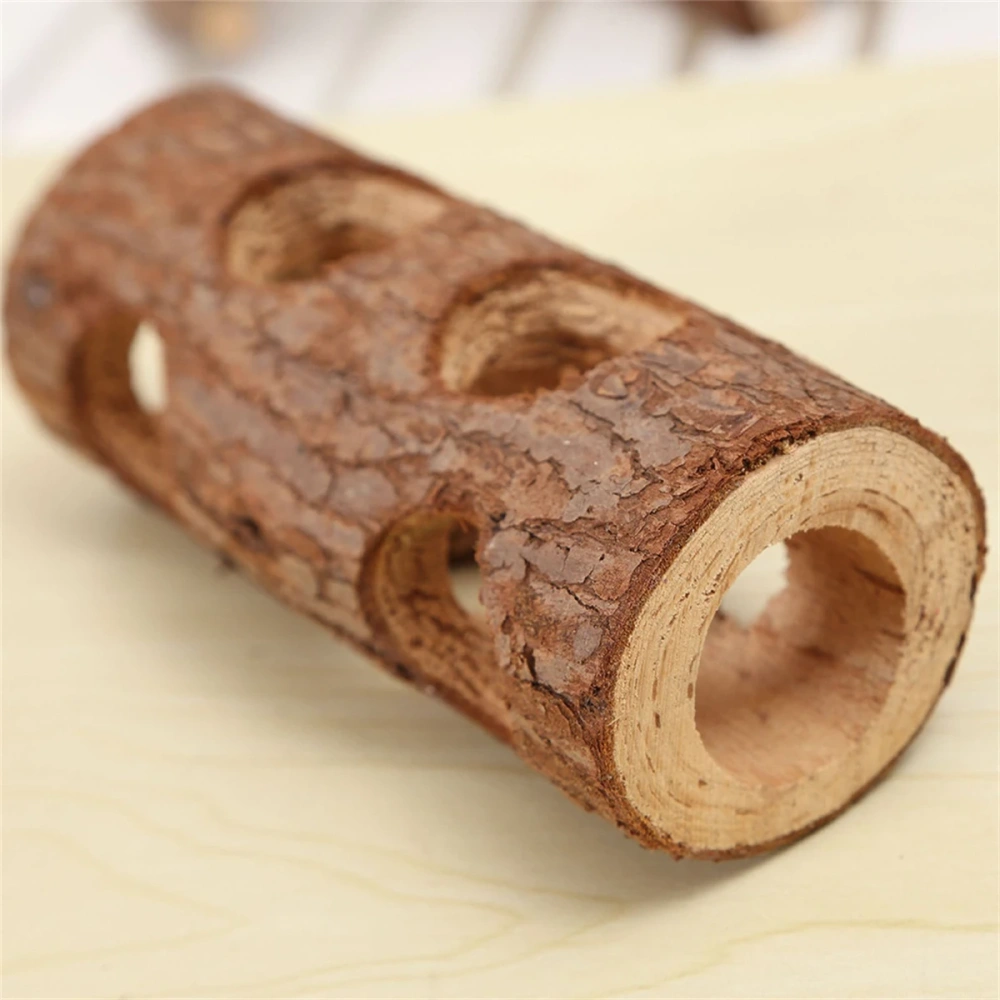 Hamster Rabbit Cat Solid Wood Pipe Tree Hole Tunnel Exercise Tube Chewing Toy Small Pet Supplies Length 15cm/20cm 6 Holes 1Pc