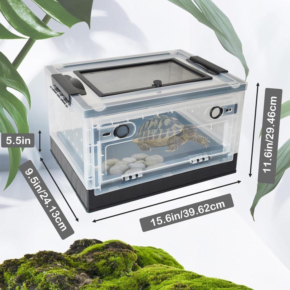 PINVNBY Plastic Reptile Feeding Box with Wheels,Reptiles Breeding Enclosure Cages Transparent Amphibians Habitat Terrarium Tank Portable Transport Container for Lizard,Bearded Dragon(Black)