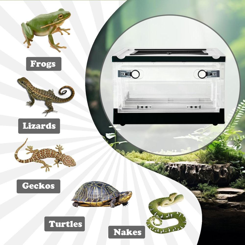 PINVNBY Plastic Reptile Feeding Box with Wheels,Reptiles Breeding Enclosure Cages Transparent Amphibians Habitat Terrarium Tank Portable Transport Container for Lizard,Bearded Dragon(Black)