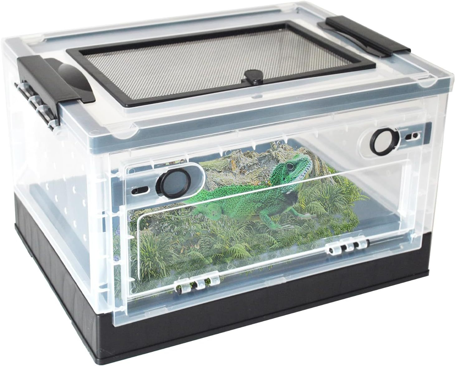 PINVNBY Plastic Reptile Feeding Box with Wheels,Reptiles Breeding Enclosure Cages Transparent Amphibians Habitat Terrarium Tank Portable Transport Container for Lizard,Bearded Dragon(Black)