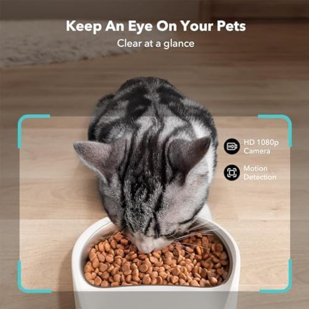 Smart pet feeder with 1080p HD camera features night vision and 5G WiFi connectivity. Includes two-way audio, motion/sound alerts, plus low-food and blockage detection. Designed for cats and dogs with