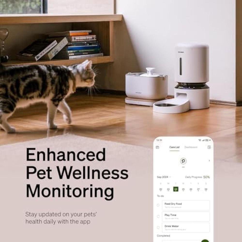 Smart pet feeder with 1080p HD camera features night vision and 5G WiFi connectivity. Includes two-way audio, motion/sound alerts, plus low-food and blockage detection. Designed for cats and dogs with
