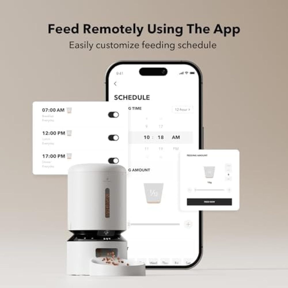 Smart pet feeder with 1080p HD camera features night vision and 5G WiFi connectivity. Includes two-way audio, motion/sound alerts, plus low-food and blockage detection. Designed for cats and dogs with