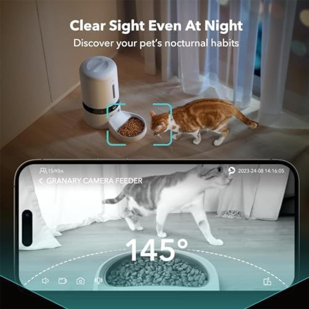 Smart pet feeder with 1080p HD camera features night vision and 5G WiFi connectivity. Includes two-way audio, motion/sound alerts, plus low-food and blockage detection. Designed for cats and dogs with