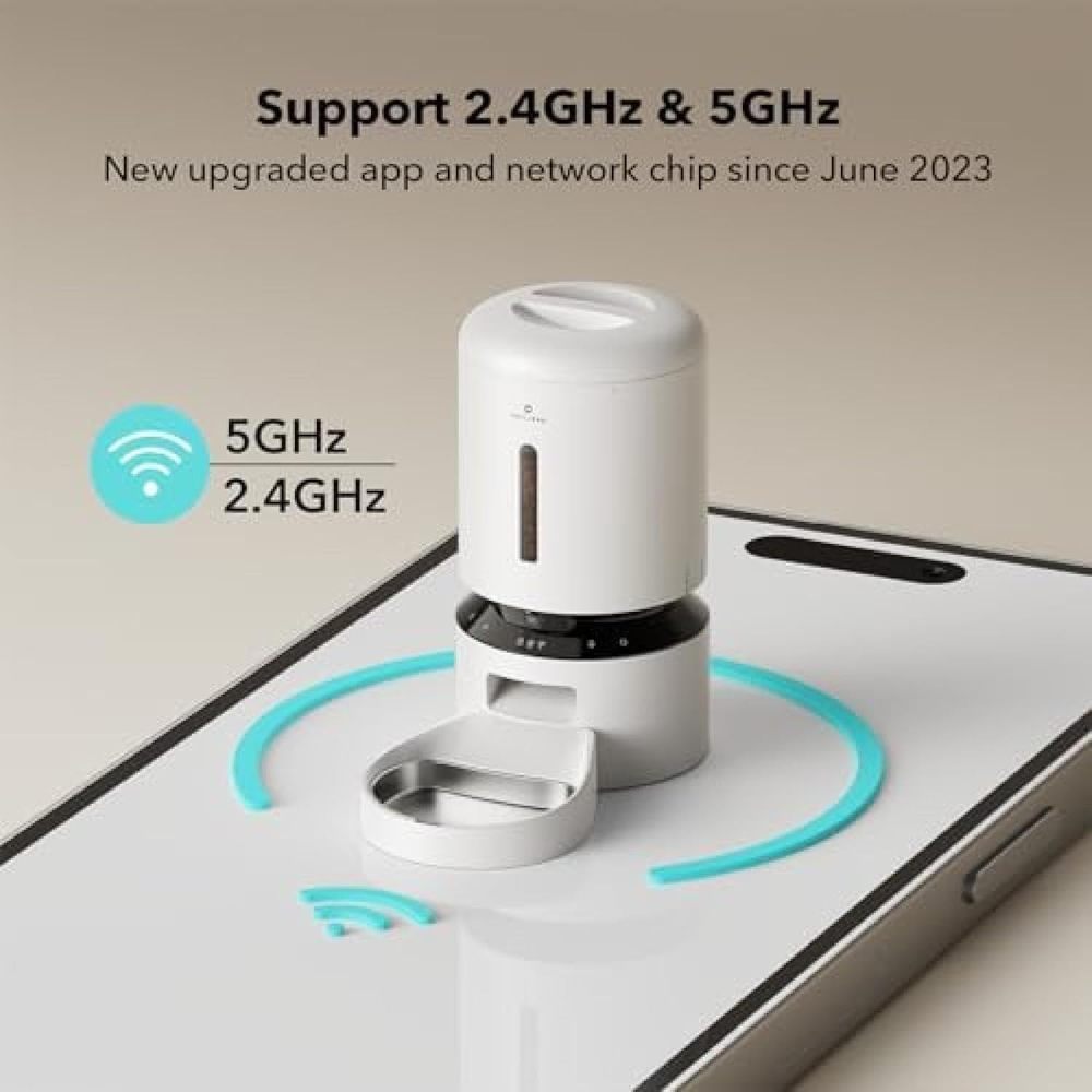Smart pet feeder with 1080p HD camera features night vision and 5G WiFi connectivity. Includes two-way audio, motion/sound alerts, plus low-food and blockage detection. Designed for cats and dogs with