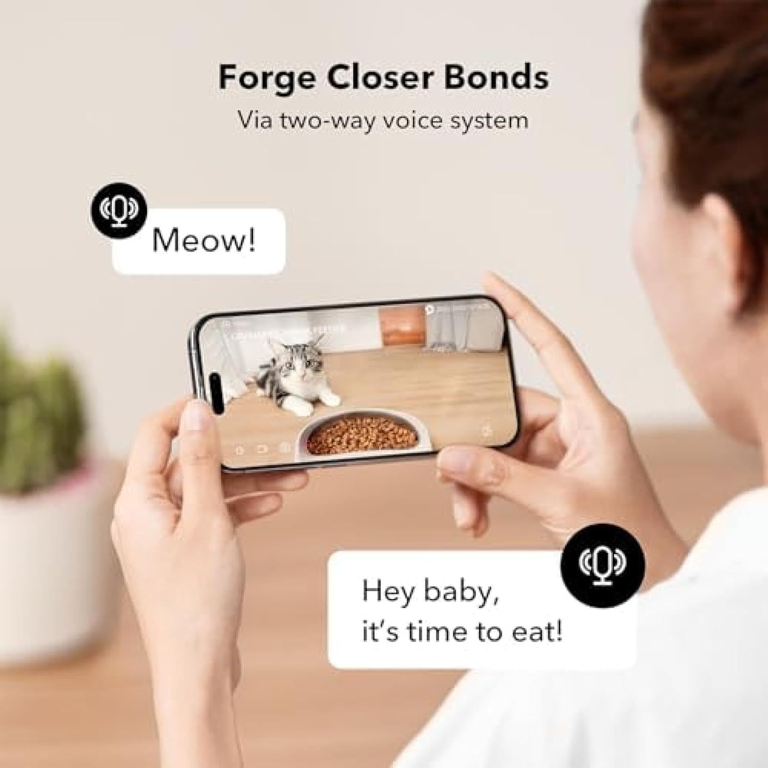 Smart pet feeder with 1080p HD camera features night vision and 5G WiFi connectivity. Includes two-way audio, motion/sound alerts, plus low-food and blockage detection. Designed for cats and dogs with