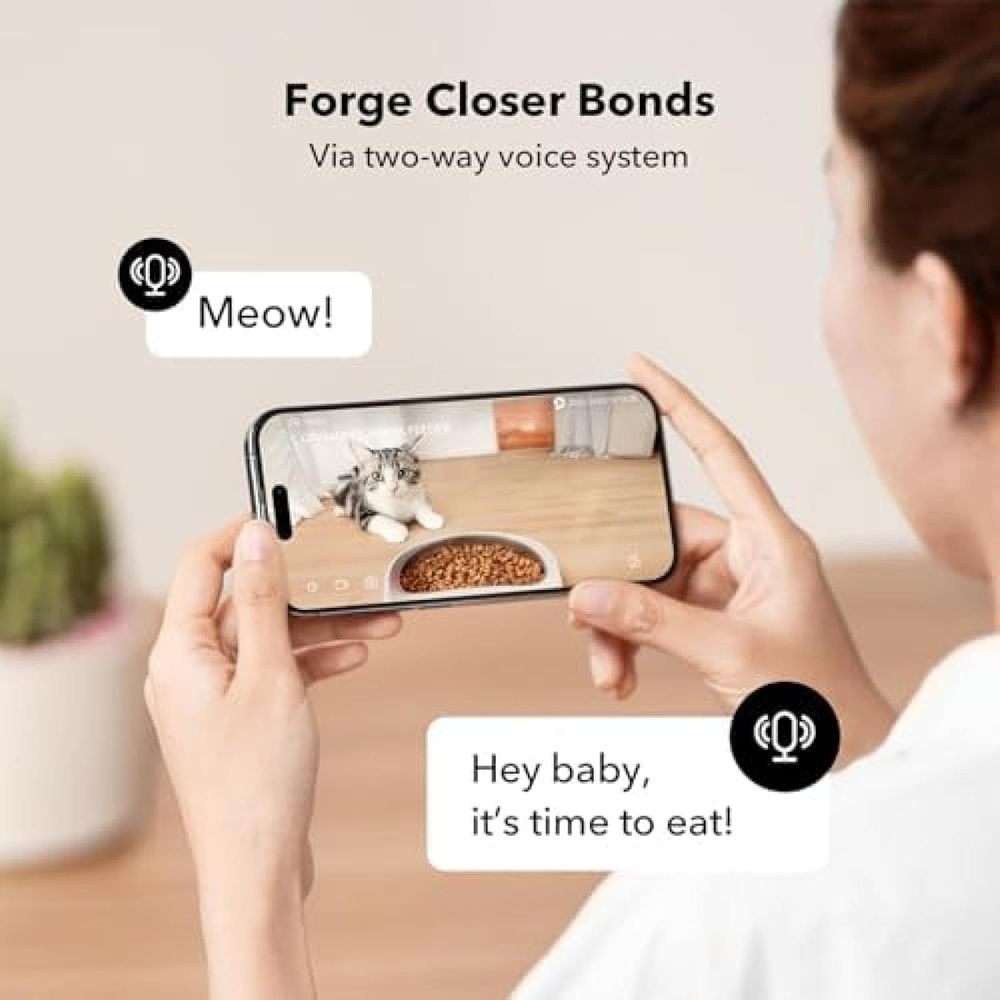 Smart pet feeder with 1080p HD camera features night vision and 5G WiFi connectivity. Includes two-way audio, motion/sound alerts, plus low-food and blockage detection. Designed for cats and dogs with