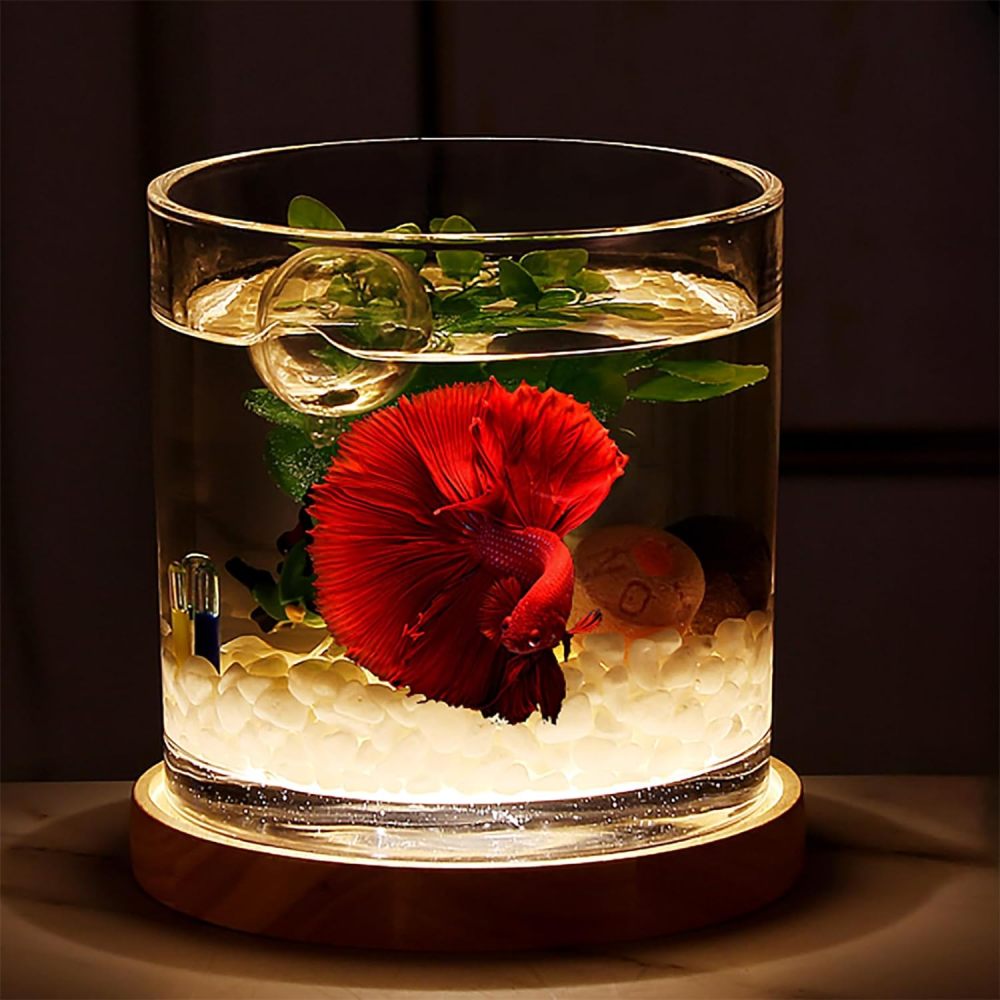 Aquarium Starter Kits 0.81-Gallon Fish Tank（6 inches） for Beginner Cylindrical Betta Fish Bowl with Wooden Base LED Light Water Pump Accessories Self-Cleaning Filter Copyright Patent