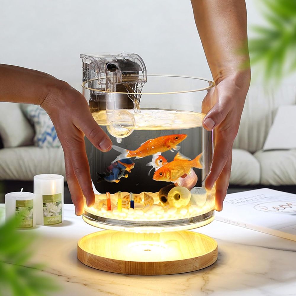 Aquarium Starter Kits 0.81-Gallon Fish Tank（6 inches） for Beginner Cylindrical Betta Fish Bowl with Wooden Base LED Light Water Pump Accessories Self-Cleaning Filter Copyright Patent