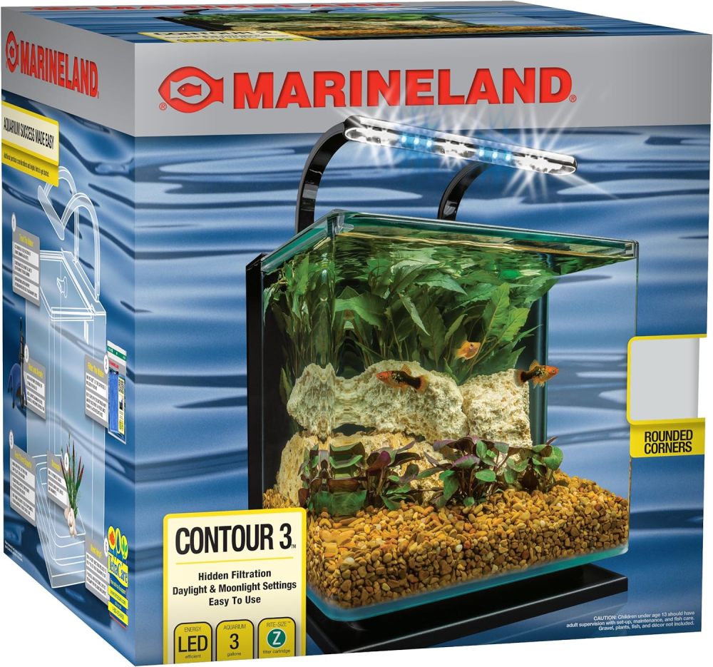 Marineland Contour 3 Aquarium Kit 3 Gallons, Rounded Glass Corners, Includes LED Lighting