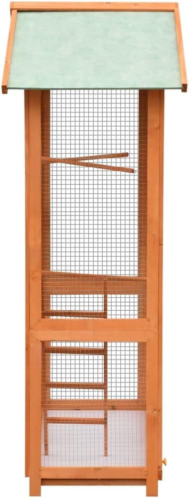 “vidaXL Large Outdoor Bird Cage with Pull Out Tray, Water Resistant Roof, Ladder, Iron Wire Grid Construction, Solid Pinewood Frame - Brown & Green”