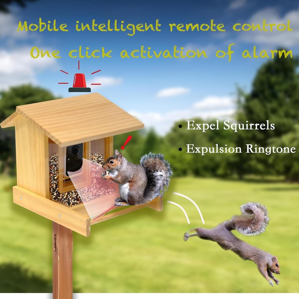 Smart Pure Wooden Bird Feeder with Camera, 2K HD AI Identify 10000+ Birds, Auto Capture Bird & Real-time Notifications, with Squirrel Expulsion Alert & Night Vision Wireless