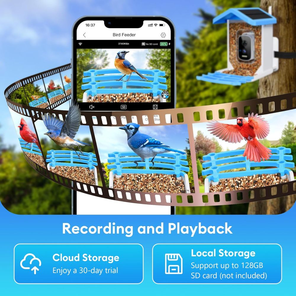 Smart Bird Feeder with Camera Solar Powered, 2.5k HD Camera Auto Capture &AI Identification, Real Time Notifications, Gift for Bird Lovers, Blue