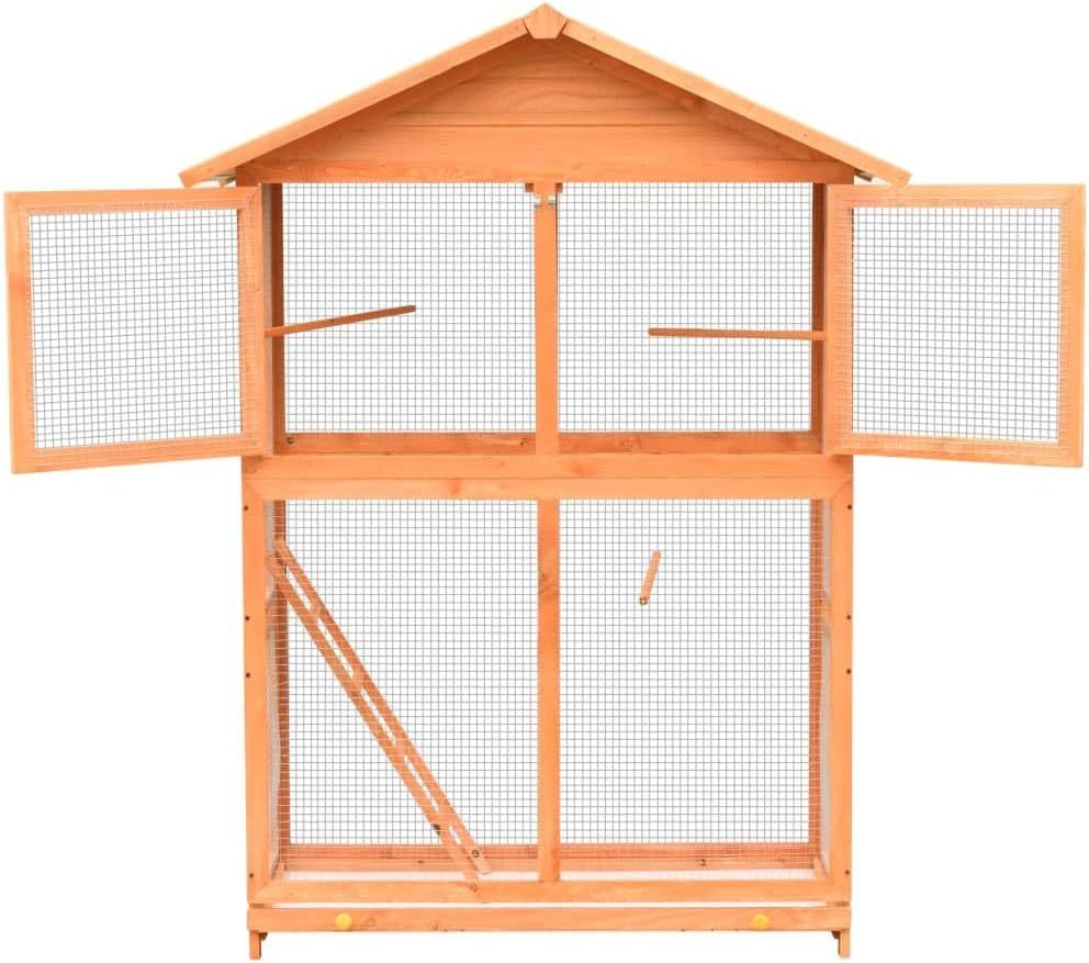 “vidaXL Large Outdoor Bird Cage with Pull Out Tray, Water Resistant Roof, Ladder, Iron Wire Grid Construction, Solid Pinewood Frame - Brown & Green”