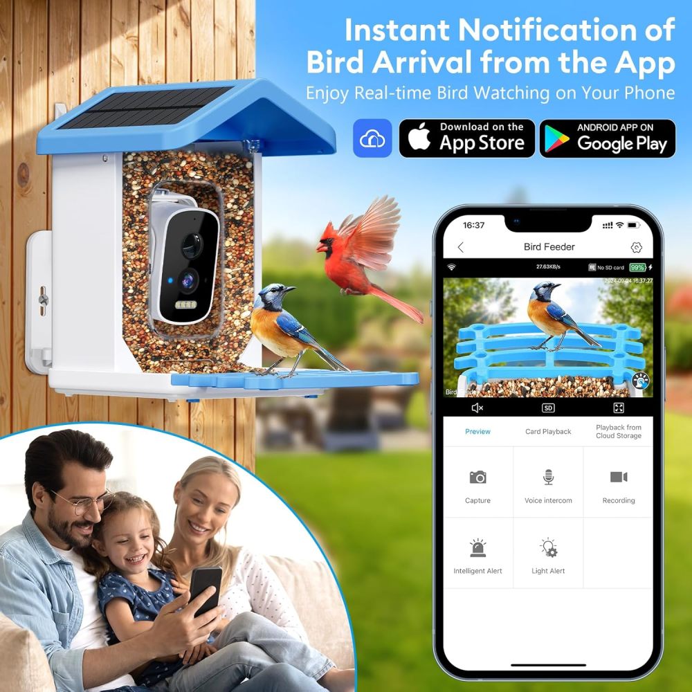 Smart Bird Feeder with Camera Solar Powered, 2.5k HD Camera Auto Capture &AI Identification, Real Time Notifications, Gift for Bird Lovers, Blue