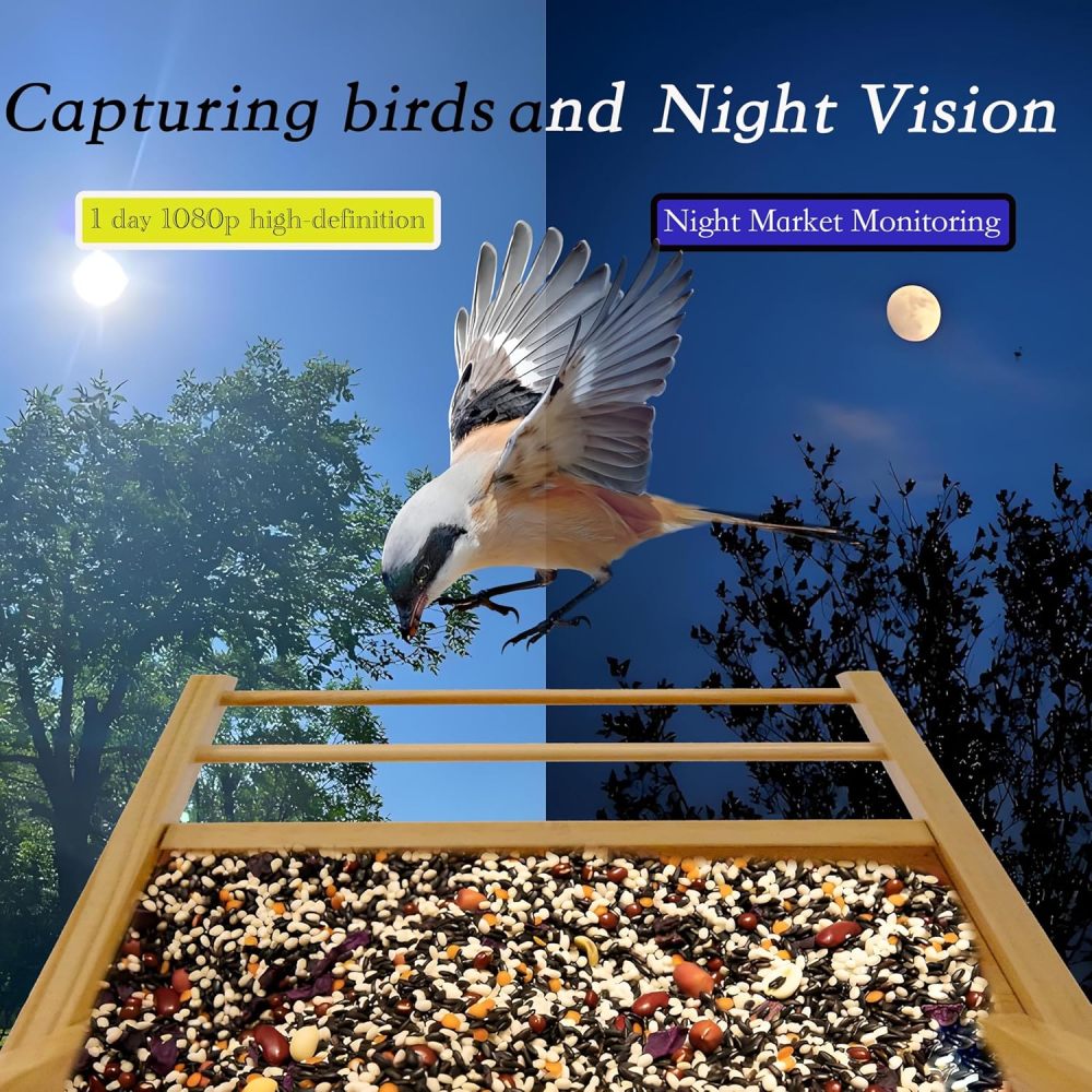 Smart Pure Wooden Bird Feeder with Camera, 2K HD AI Identify 10000+ Birds, Auto Capture Bird & Real-time Notifications, with Squirrel Expulsion Alert & Night Vision Wireless