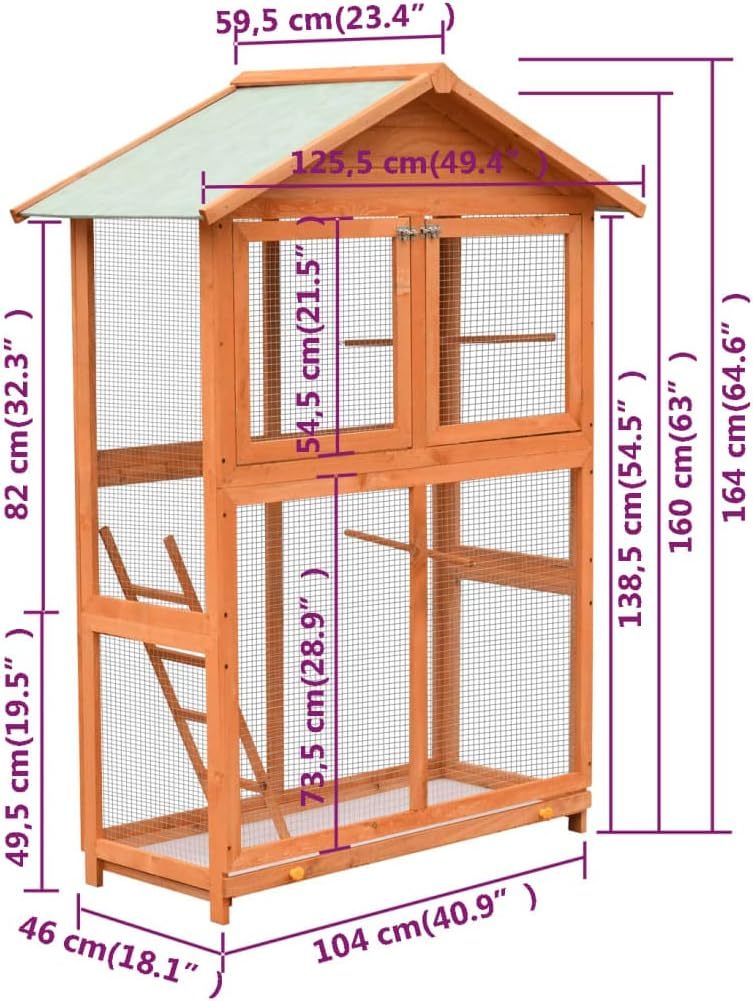 “vidaXL Large Outdoor Bird Cage with Pull Out Tray, Water Resistant Roof, Ladder, Iron Wire Grid Construction, Solid Pinewood Frame - Brown & Green”
